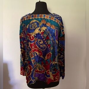 Vintage Together Velvet Blouse XL 90s Baroque Print Top Bold Color